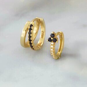 Black CZ Gold Double Huggie Earrings 18K Gold Sterling Silver Hoop Earrings CUTE